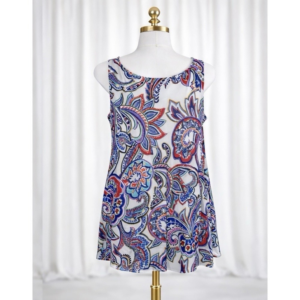 Susan Graver Liquid Knit Popover Sleeveless Top Paisley Tiered Ruffle Hem Size M - Picture 2 of 11